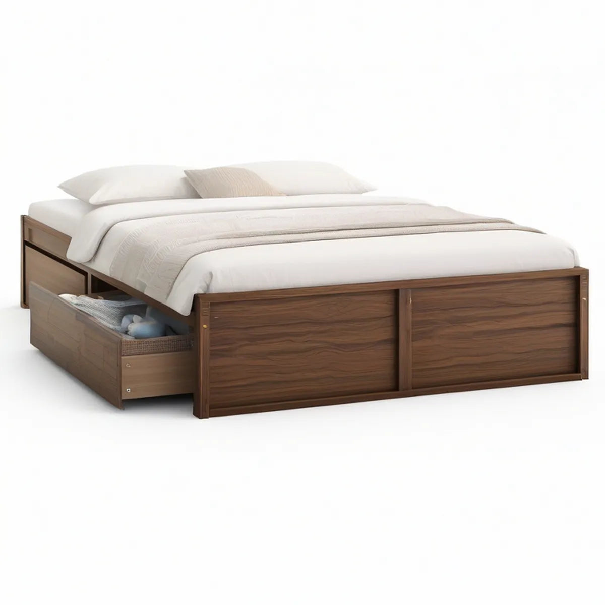 Walnut Brown Engineered Wood Queen Storage Bed Frame, 84 x 64 x 18 in
