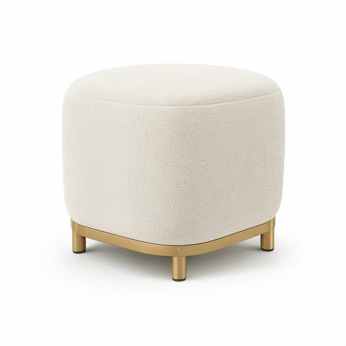 Round Cream Bouclé Upholstered Ottoman with Gold Steel Base, 20 in W x 20 in D x 18 in H