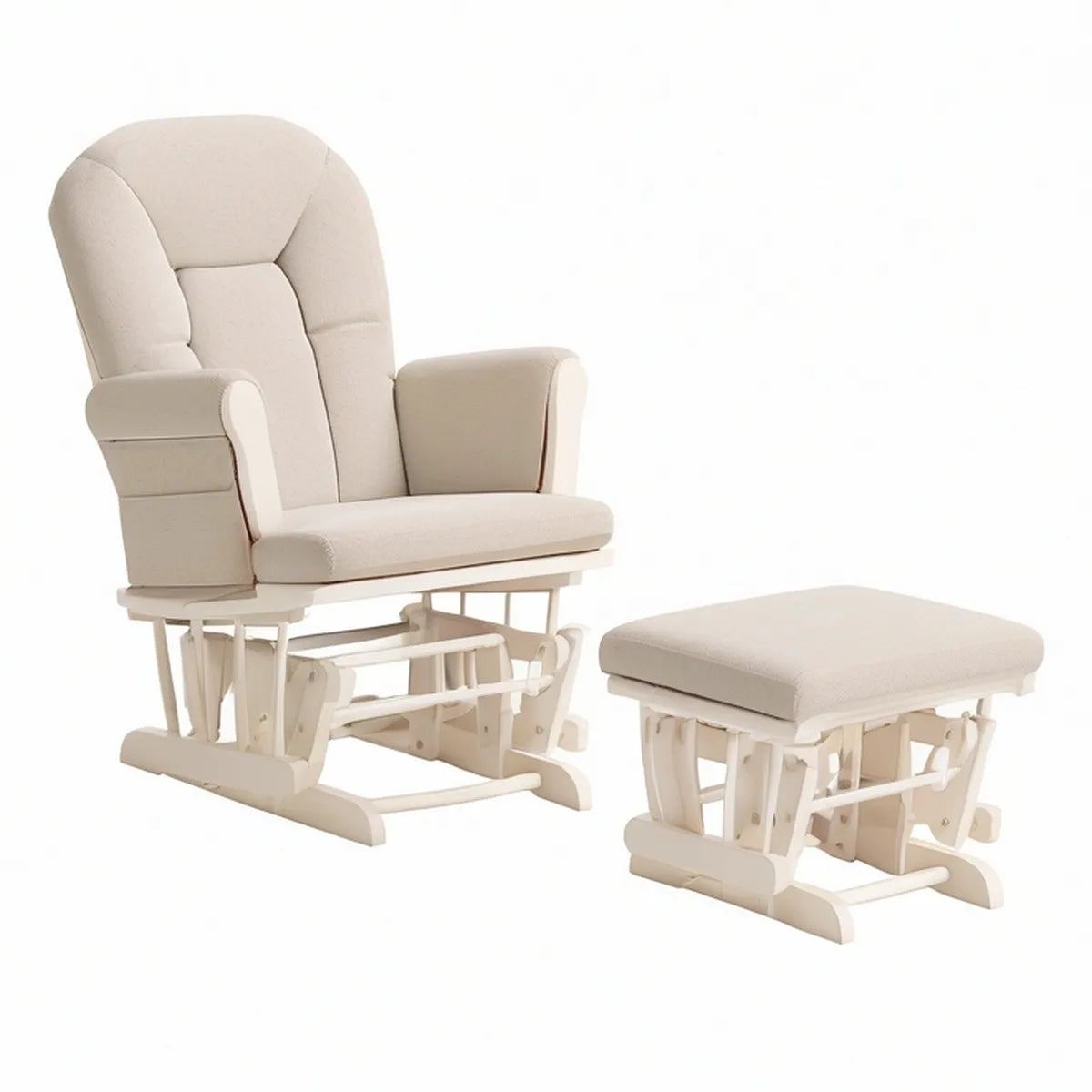 Ivory Upholstered Glider Rocking Chair with Ottoman, Solid Rubberwood Frame, Chair 31 x 30 x 43 in, Ottoman 21 x 16 x 14 in