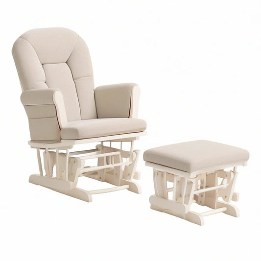 Ivory Upholstered Glider Rocking Chair with Ottoman, Solid Rubberwood Frame, Chair 31 x 30 x 43 in, Ottoman 21 x 16 x 14 in