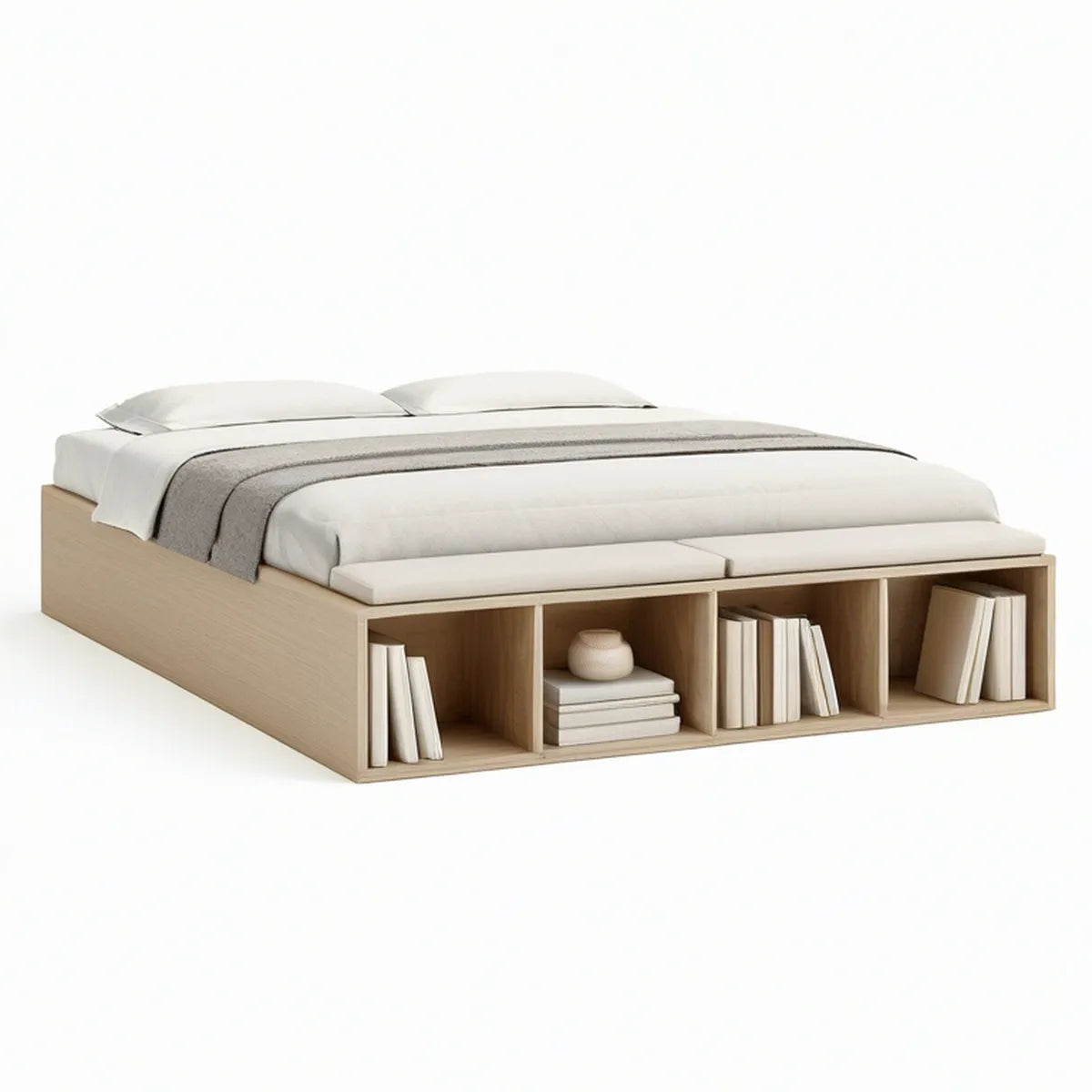 Queen Storage Platform Bed Frame, Light Oak, 84 x 62 x 16 in