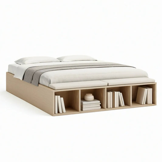 Queen Storage Platform Bed Frame, Light Oak, 84 x 62 x 16 in