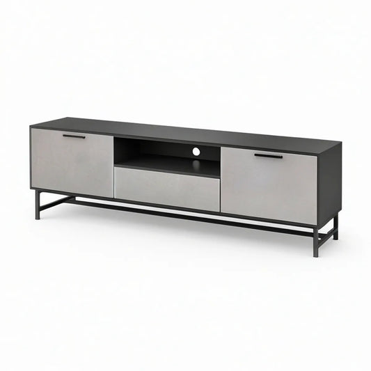 Gray and Black MDF TV Stand with Steel Frame, 63 x 15.7 x 23.6 in