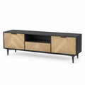 63 x 16 x 22 in Rectangular TV Stand with Oak Veneer Doors and Drawer, Black/Natural Oak