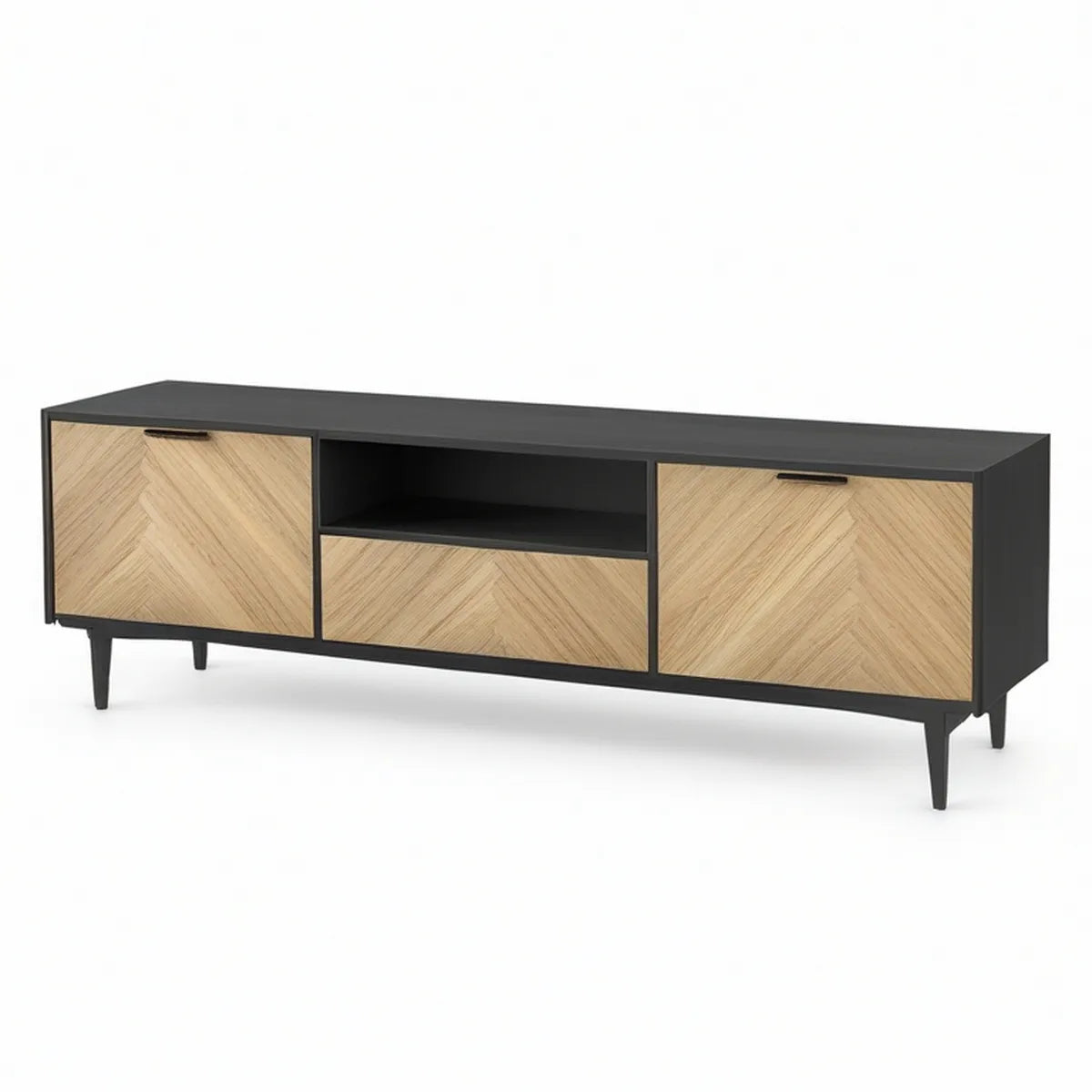 63 x 16 x 22 in Rectangular TV Stand with Oak Veneer Doors and Drawer, Black/Natural Oak
