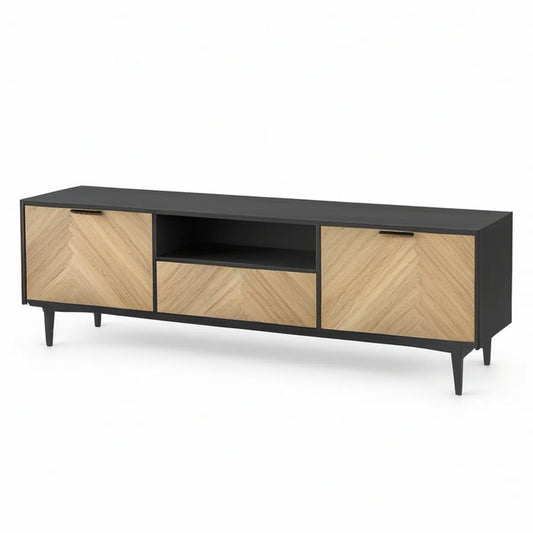 63 x 16 x 22 in Rectangular TV Stand with Oak Veneer Doors and Drawer, Black/Natural Oak