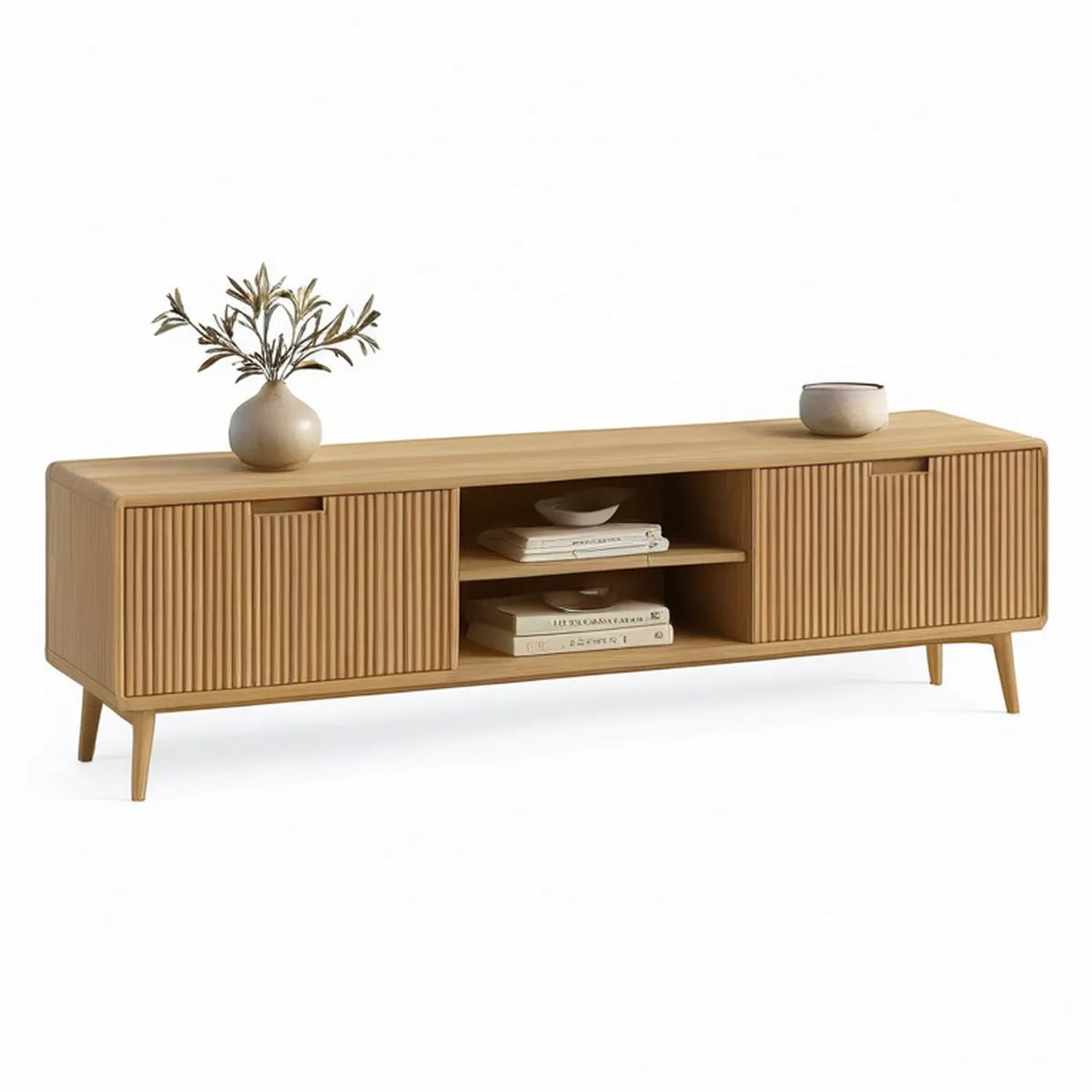 63 in W x 15.7 in D x 23.6 in H TV Stand Media Console with Sliding Fluted Doors, Natural Oak