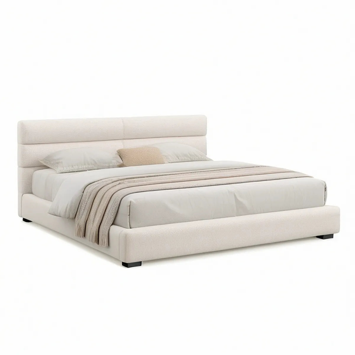 King Cream Bouclé Upholstered Bed Frame with Padded Headboard, 91 x 82 x 48 in
