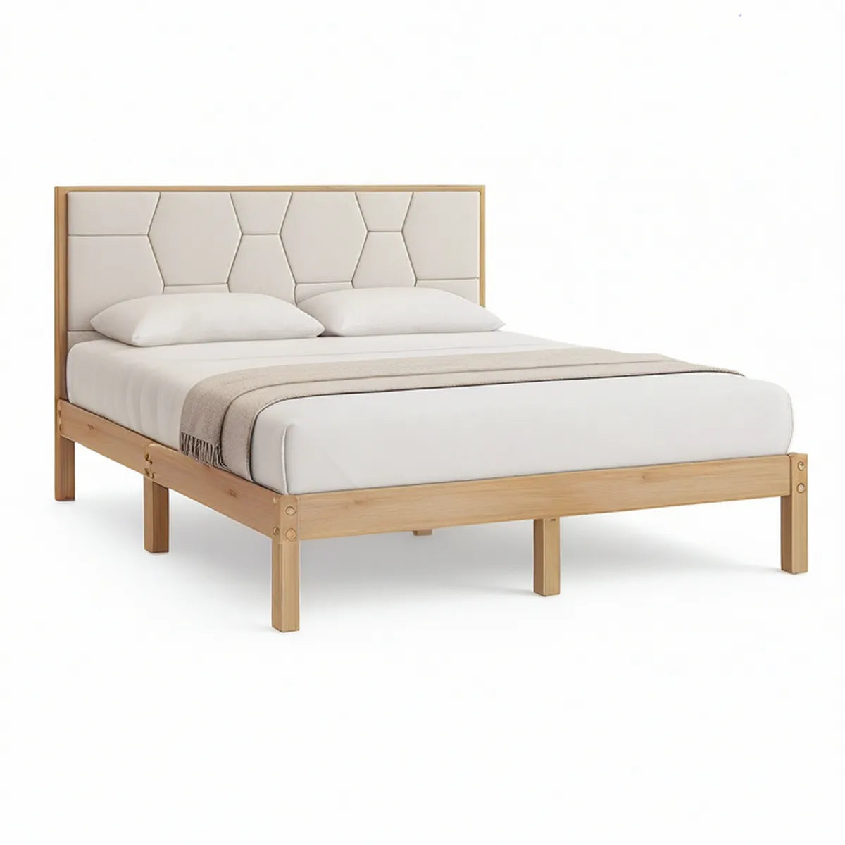 Queen Platform Bed Frame, Natural Light Brown Rubberwood with White PU Leather Geometric Padded Headboard, 63 x 85 x 45 in