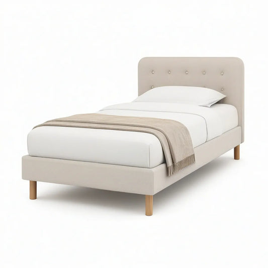 Twin Upholstered Bed Frame with Tufted Headboard, Beige/Natural Brown, 39 x 75 in