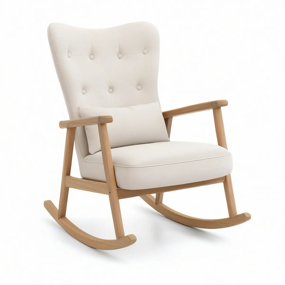 Ivory Tufted High-Back Rocking Chair with Natural Rubberwood Frame, 27.5 x 35 x 40 in