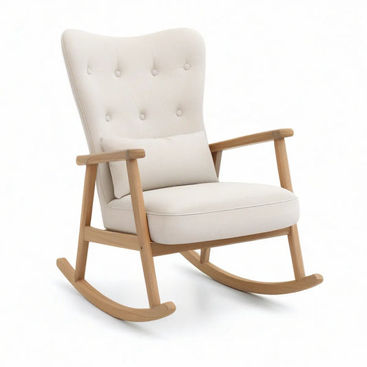 Ivory Tufted High-Back Rocking Chair with Natural Rubberwood Frame, 27.5 x 35 x 40 in