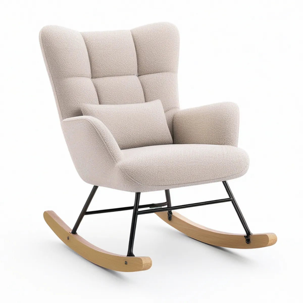 Cream Boucle High-Back Rocking Chair with Lumbar Pillow, 27.6 x 34.3 x 39.4 in