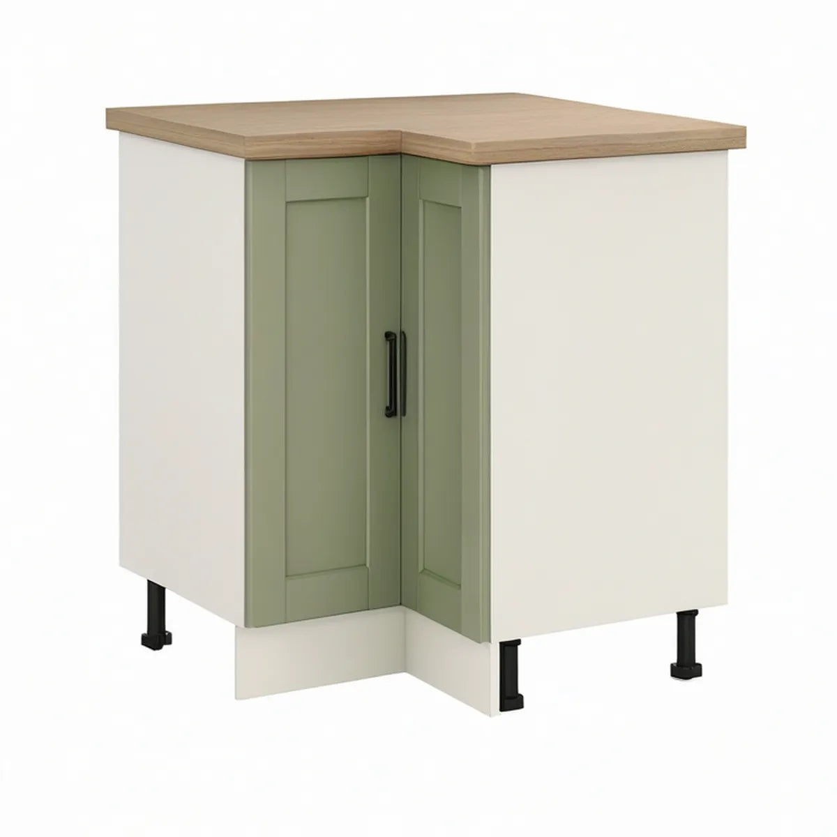 L-Shaped Corner Base Cabinet with Countertop, White and Sage Green, Light Oak Top, 35.43 x 35.43 x 34.65 in