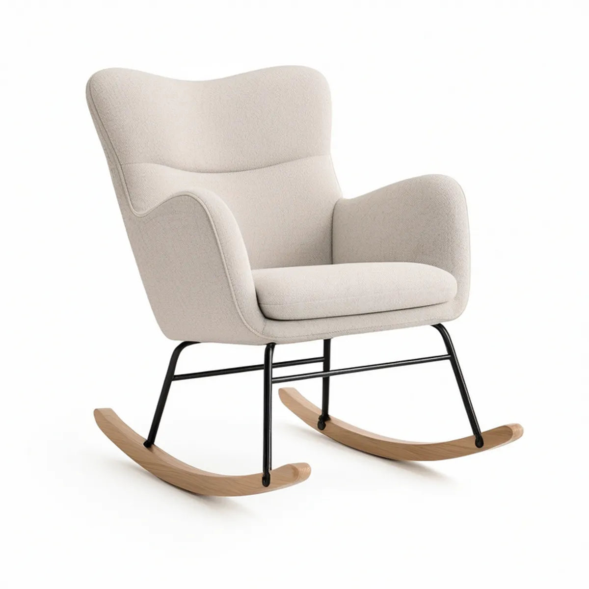 Cream Bouclé Rocking Chair with Black Steel Frame and Natural Bentwood Rails, 31.5 x 35 x 39 in