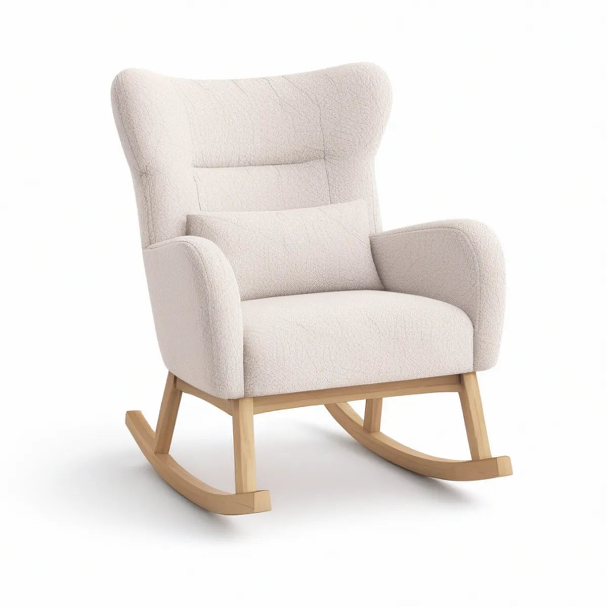 Cream Wingback Rocking Chair with Natural Rubberwood Base, 31.5 x 35.4 x 40.2 in