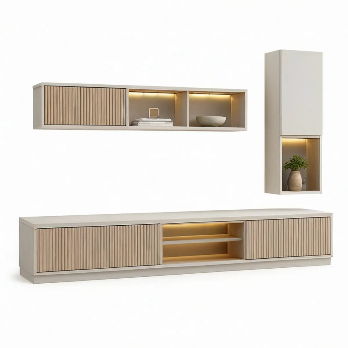 79 x 16 x 16 in Cream and Natural Oak MDF Wall-Mounted TV Stand Set with Warm White LED Lighting
