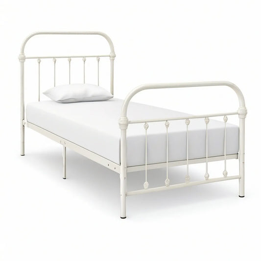 White Twin Metal Bed Frame with Arched Headboard and Footboard, 39 x 75 in