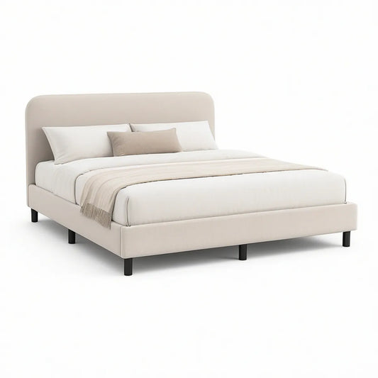 Queen Beige Upholstered Platform Bed Frame, 64 x 85 x 44 in