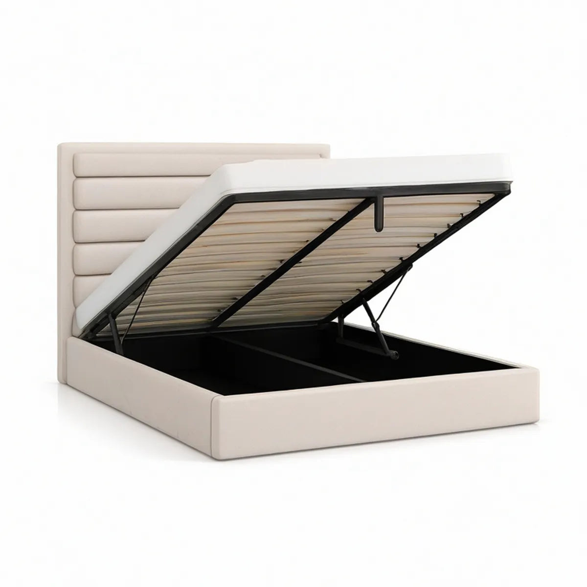 Queen Cream Upholstered Lift-Up Storage Bed Frame with Channel Headboard, 83.5 x 64 x 45 in