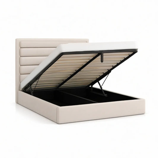 Queen Cream Upholstered Lift-Up Storage Bed Frame with Channel Headboard, 83.5 x 64 x 45 in