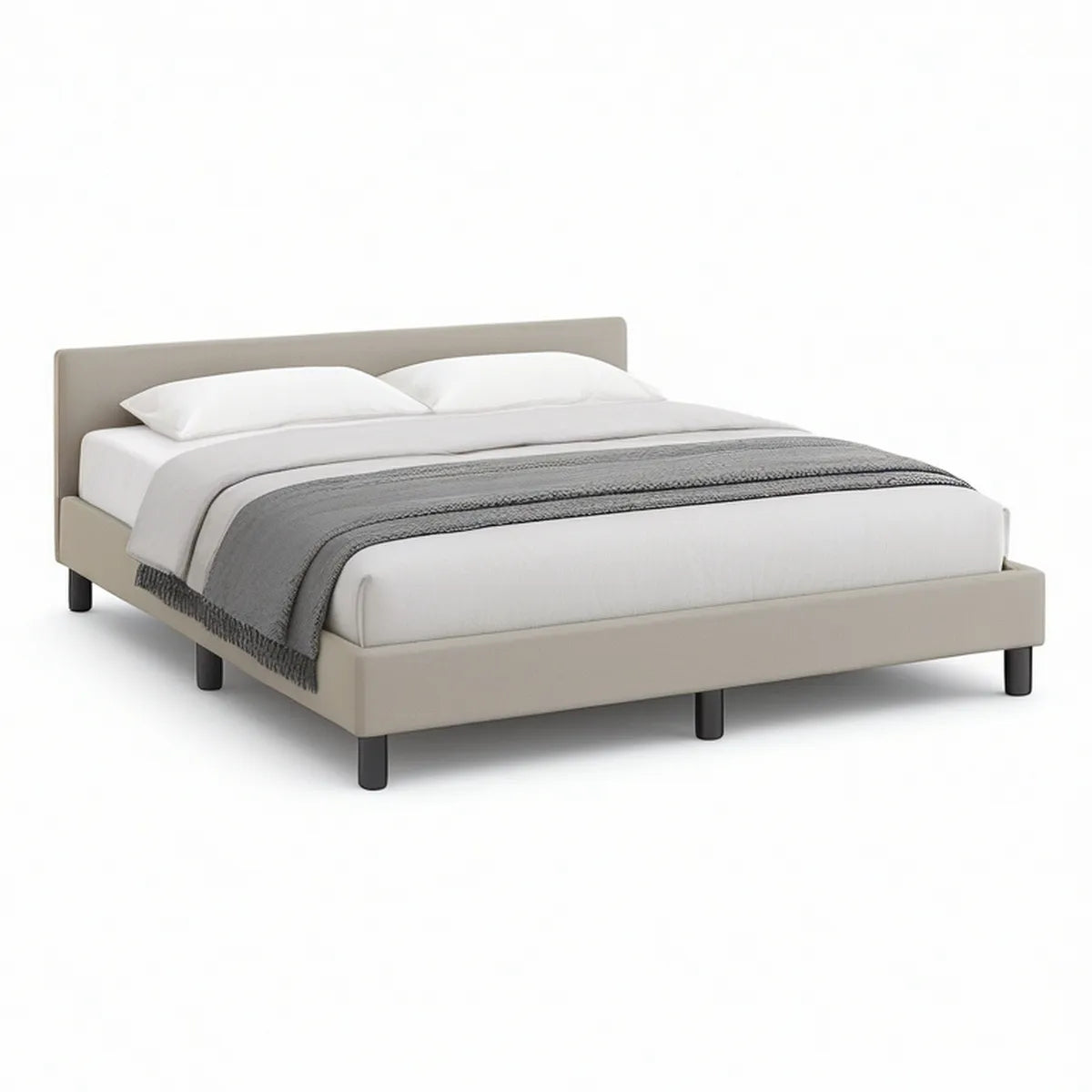 Queen Upholstered Platform Bed Frame with Headboard, Beige/Black, 85 x 64 x 41 in