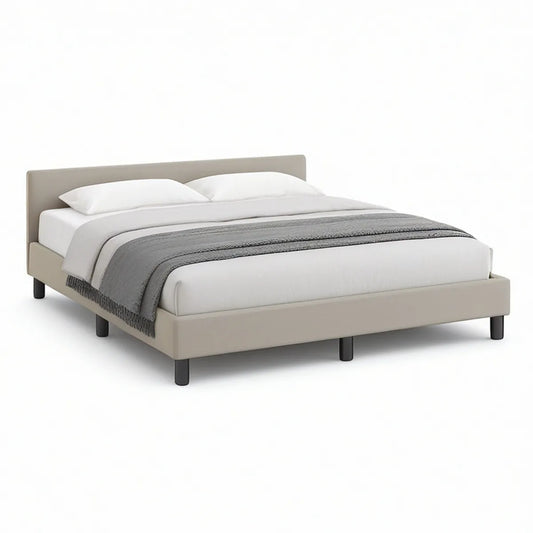 Queen Upholstered Platform Bed Frame with Headboard, Beige/Black, 85 x 64 x 41 in