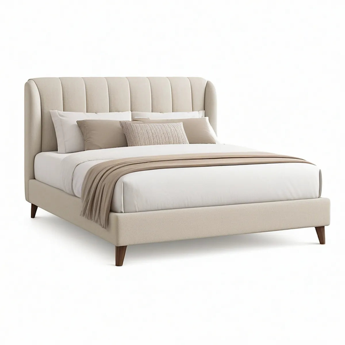 Queen Cream Upholstered Platform Bed Frame with Arched Headboard, 64 in W x 86 in L x 54 in H