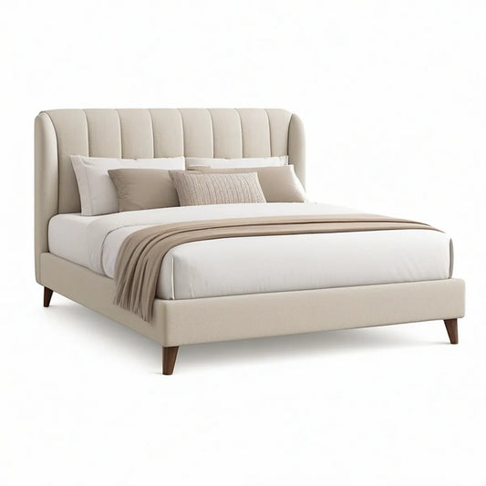 Queen Cream Upholstered Platform Bed Frame with Arched Headboard, 64 in W x 86 in L x 54 in H