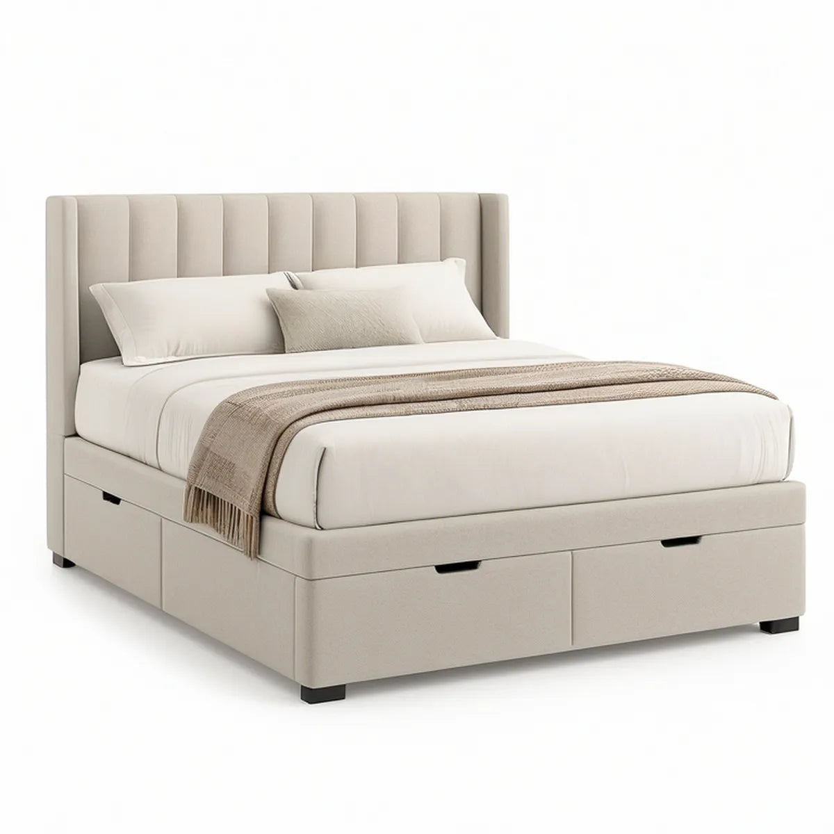 Beige Queen Upholstered Storage Bed Frame with 4 Drawers, 63 x 84 x 48 in