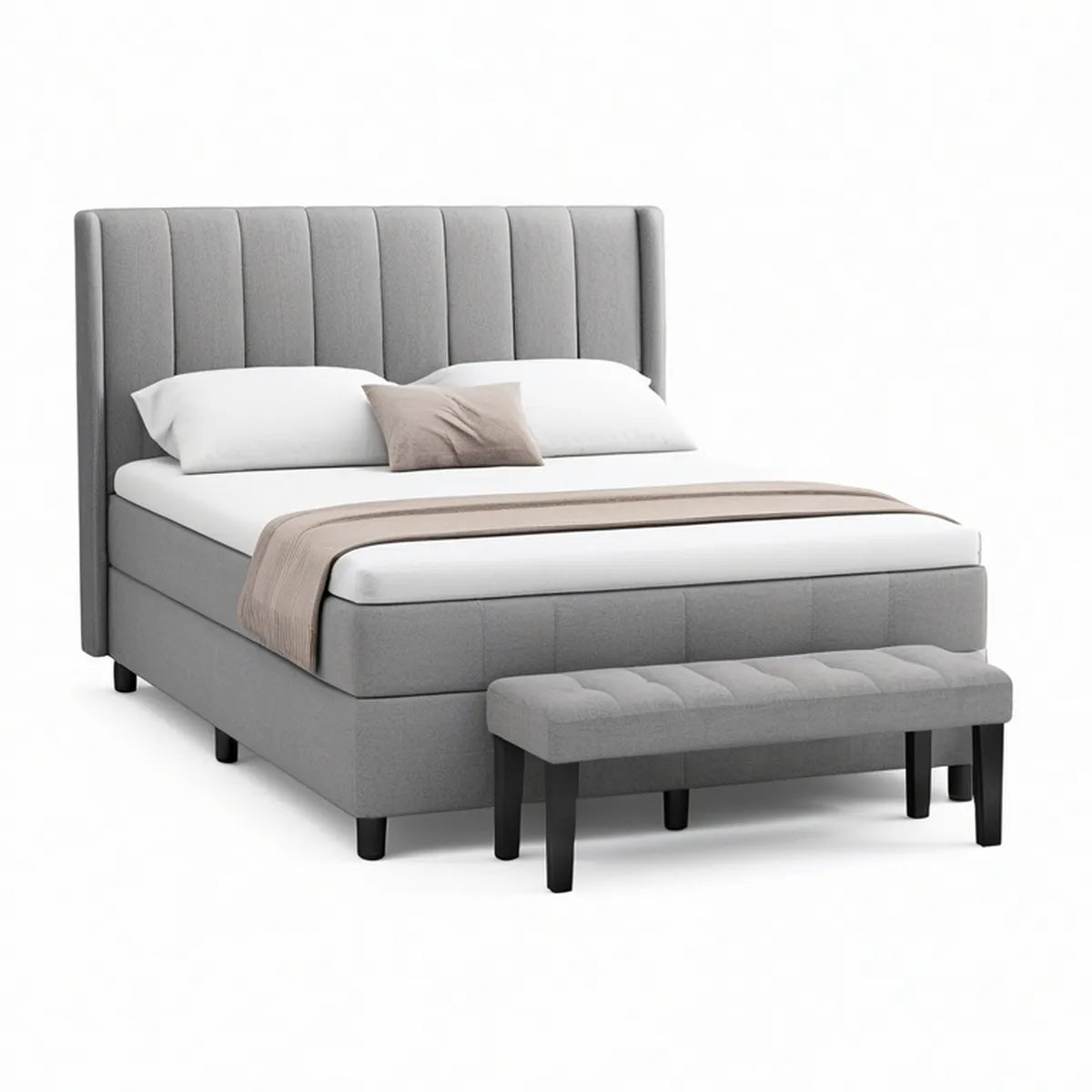 Queen Gray Upholstered Platform Bed with Bench, 64 x 86 x 50 in