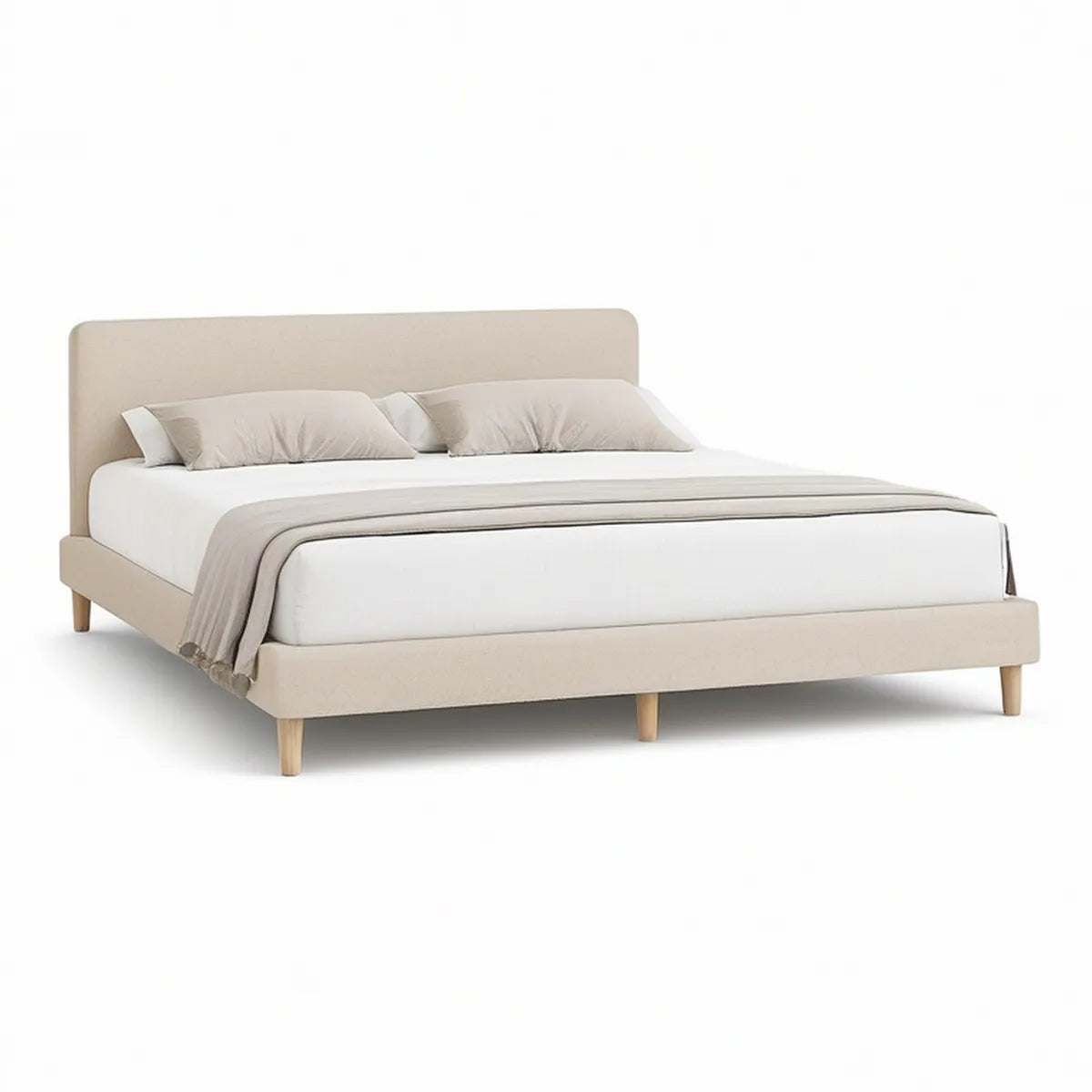 Queen Beige Upholstered Platform Bed Frame, 85 x 64 x 43 in