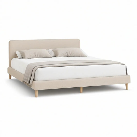 Queen Beige Upholstered Platform Bed Frame, 85 x 64 x 43 in