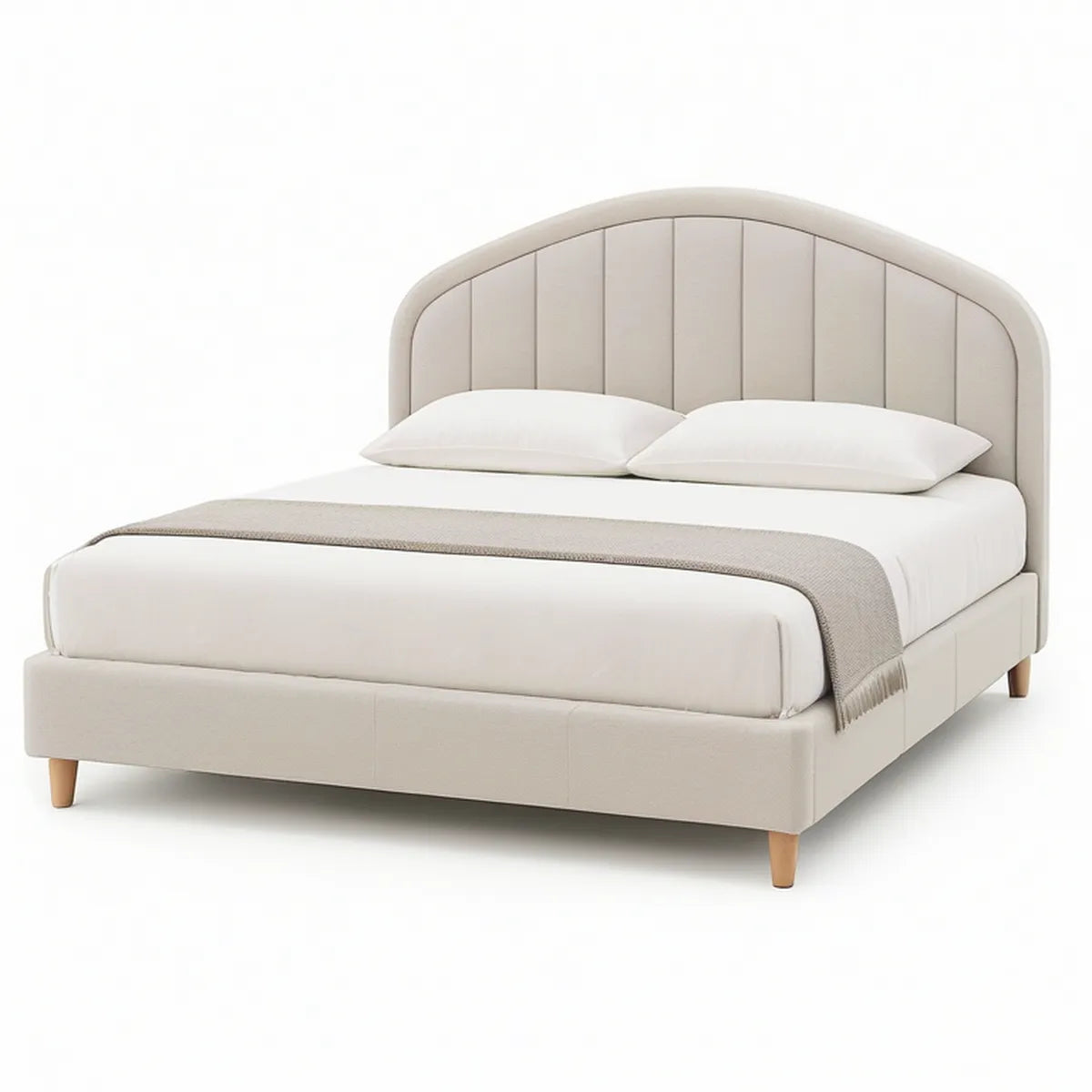 Queen Upholstered Platform Bed Frame, 64 x 87 x 51 in, Arched Channel-Tufted Headboard, Beige/Natural