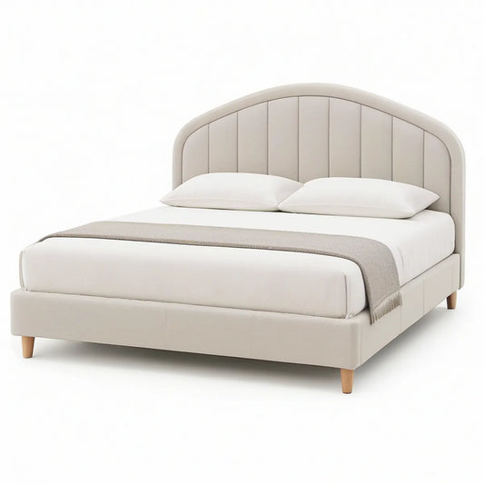 Queen Upholstered Platform Bed Frame, 64 x 87 x 51 in, Arched Channel-Tufted Headboard, Beige/Natural
