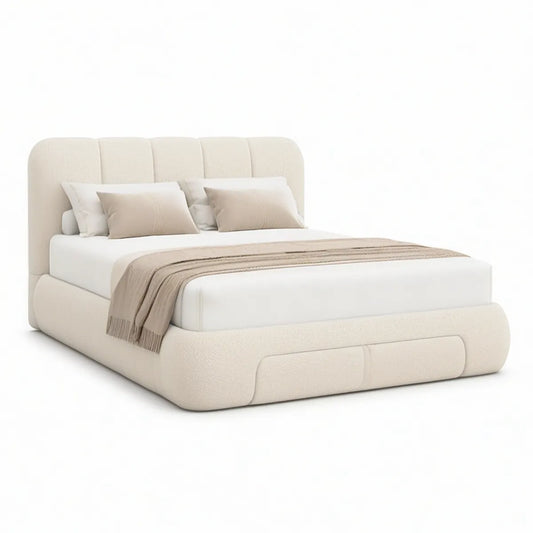 Queen Cream Boucle Upholstered Platform Bed Frame, 64 x 86 x 48 in