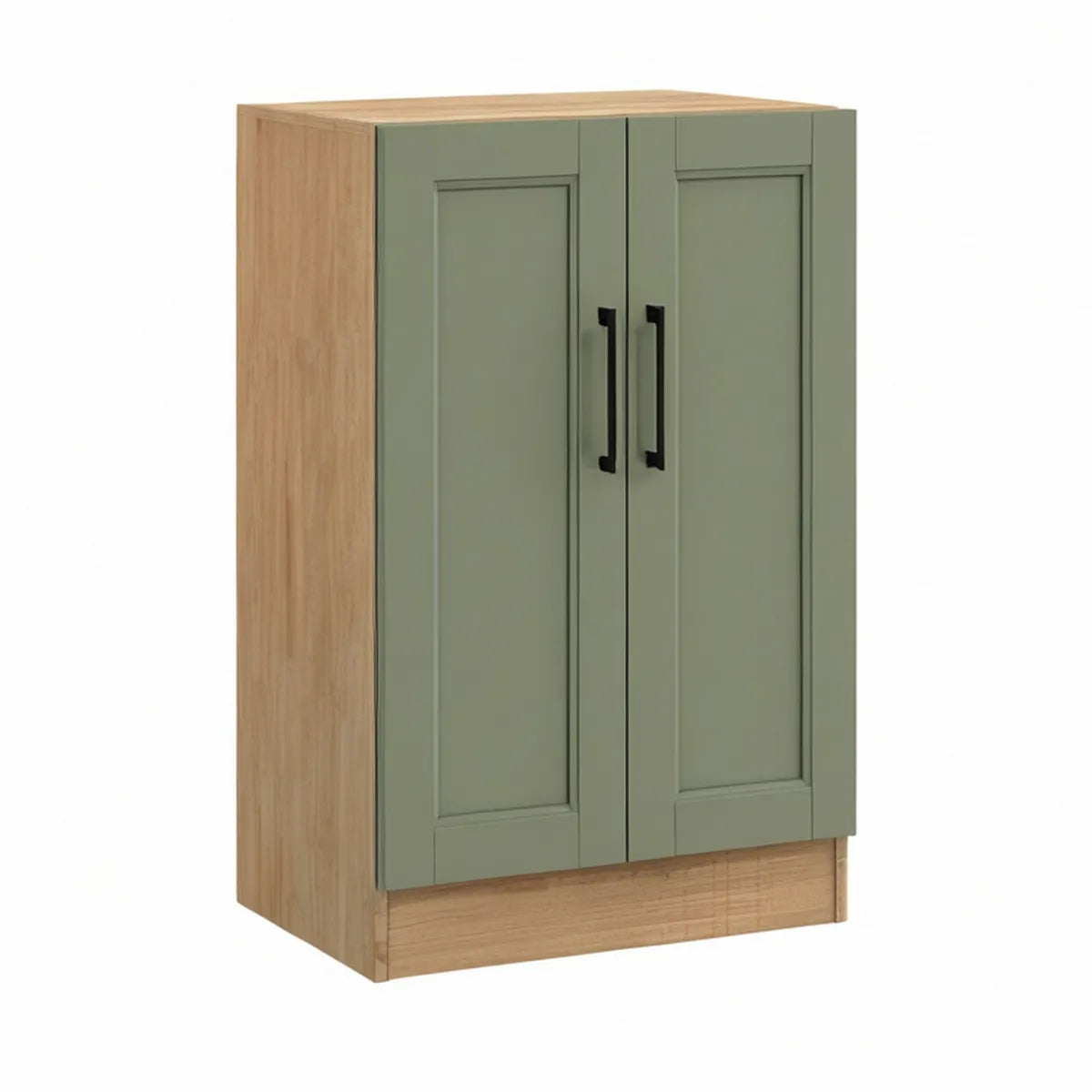 30 x 24 x 36 in Sage Green and Natural Oak Double-Door Shaker Storage Cabinet with Black Handles