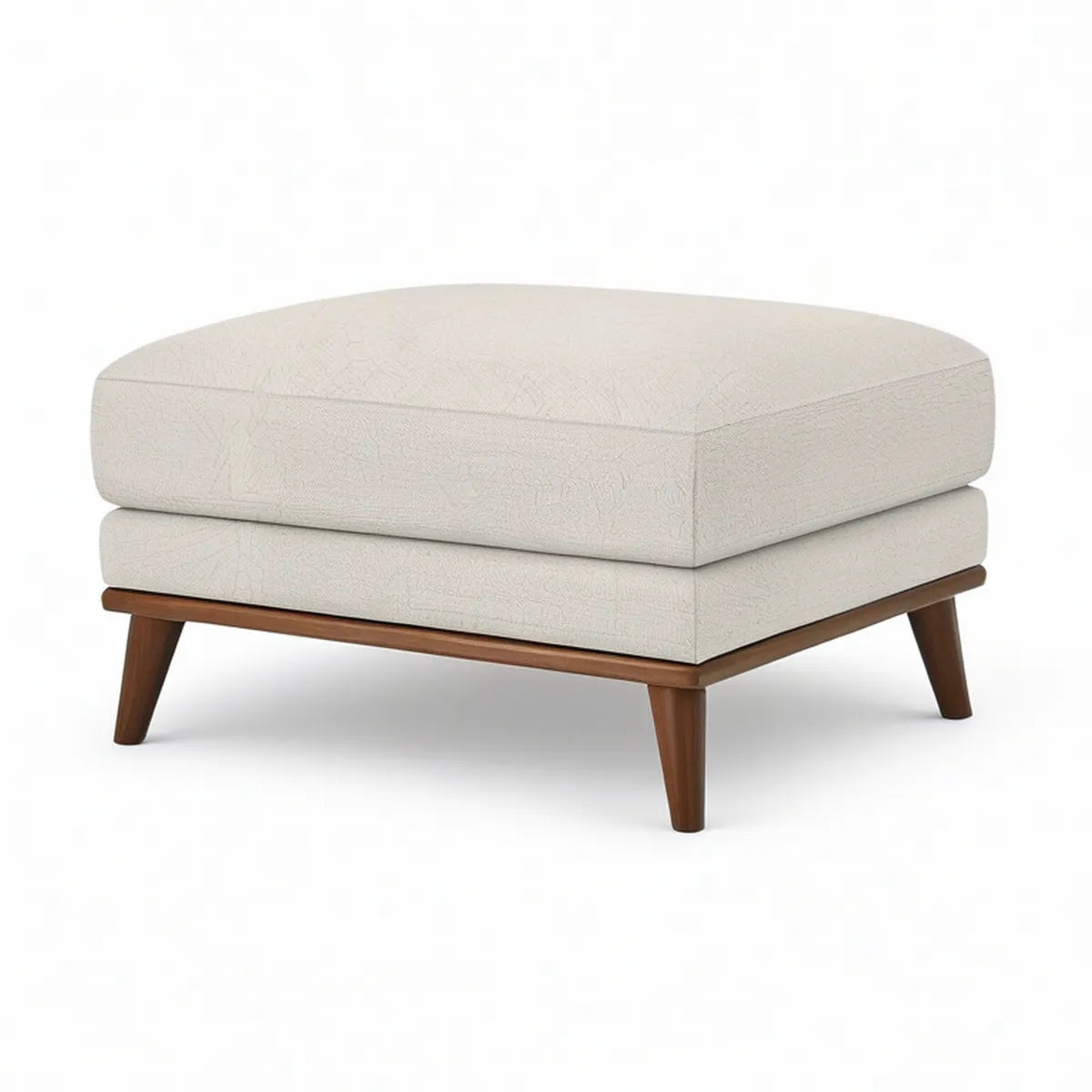 Cream Upholstered Ottoman with Walnut Brown Rubberwood Legs, 30 x 24 x 18 in