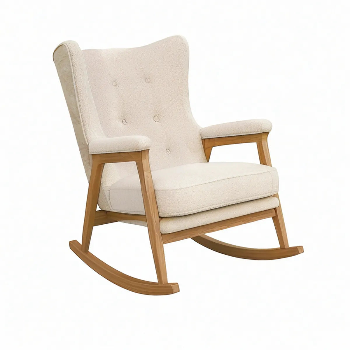 Ivory and Natural Wingback Rocking Chair, 32 in W x 35 in D x 41 in H, Boucle Upholstery and Solid Wood Frame